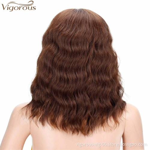 Vigorous 14 inches Synthetic Short Wigs for Black Women Mixed Brown and Blonde Wavy Wave Wig with Bangs High Temperature Hair